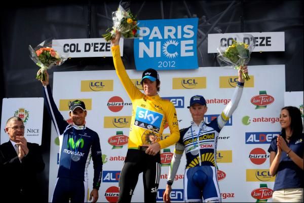 The final podium for Paris - Nice 2012: Valverde, Wiggins, and Westra.