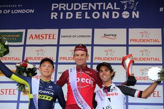 Winner Alexander Kristoff flanked by runner-up Magnus Cort Nielsen and third-placed Michael Matthews at the RideLondon Classic