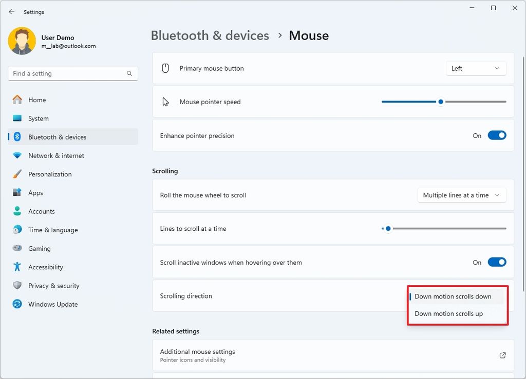 Mouse scrolling direction setting