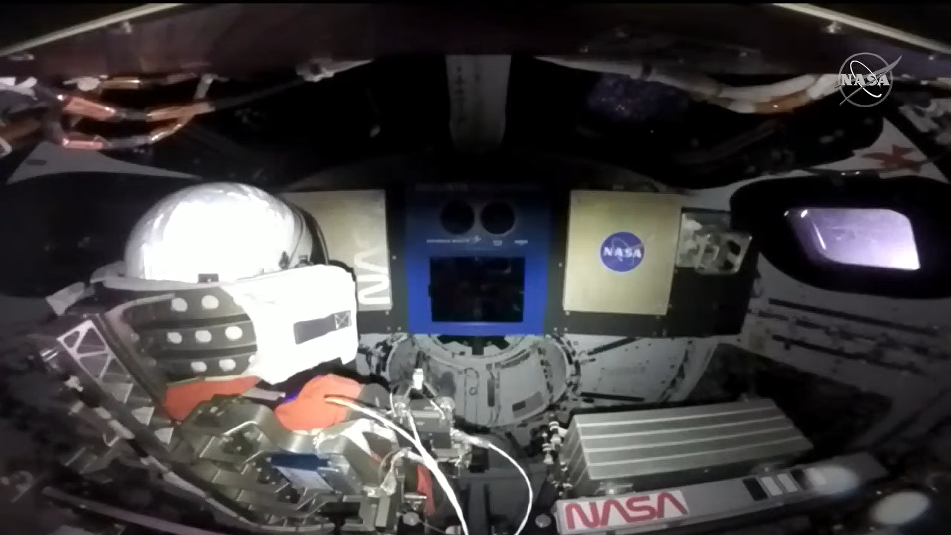A view inside the Artemis 1 Orion capsule nearly 10 hours after launch on Nov. 16, 2022.