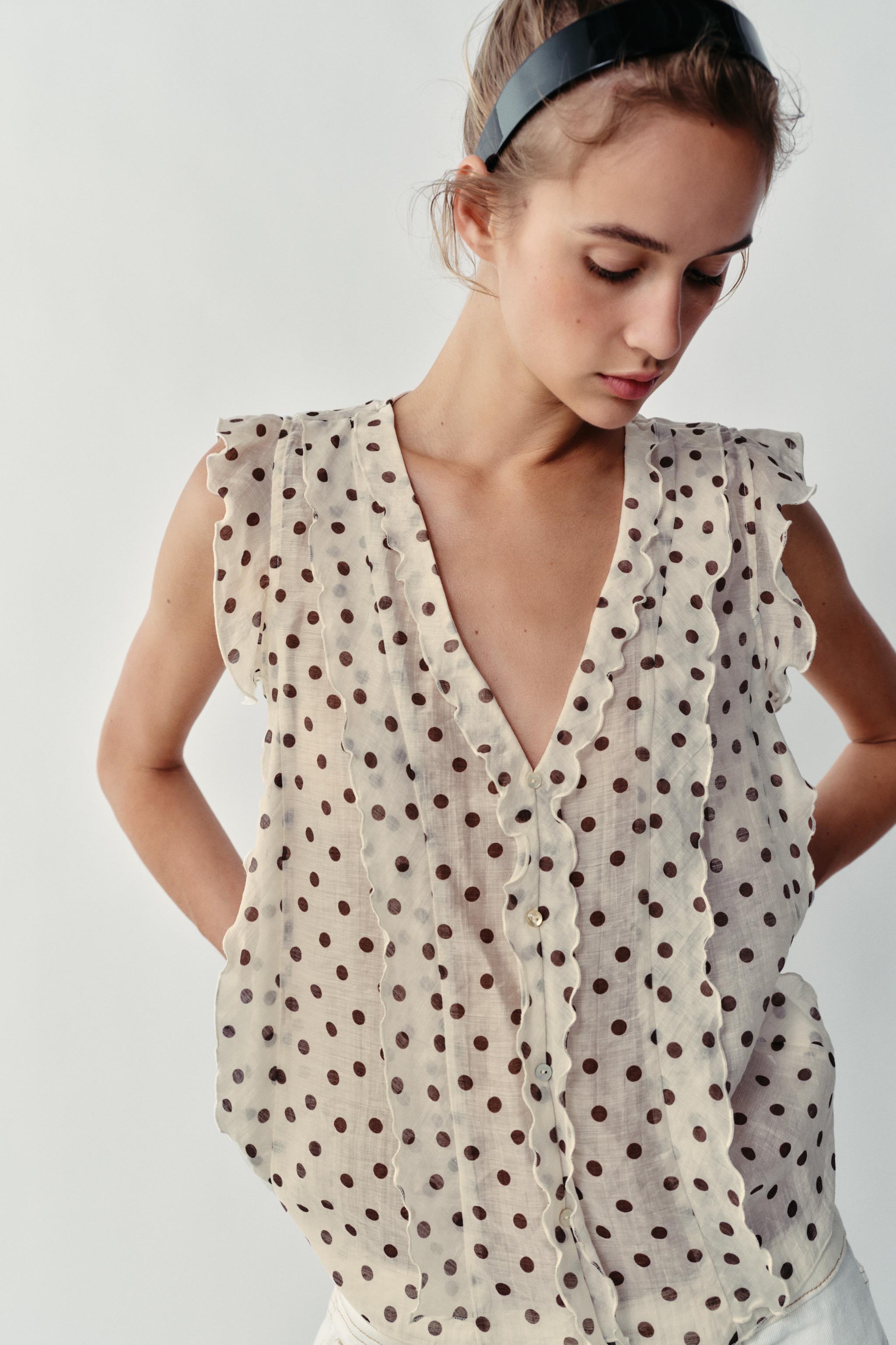 Printed Polka Dot Blouse - Ecru / Brown - Xs