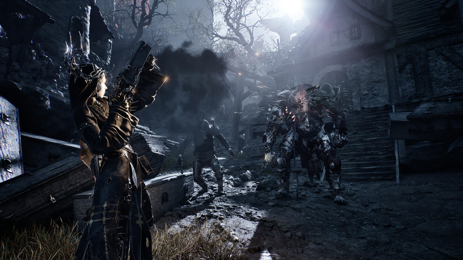 A woman shoots monsters in a town in Mortal Shell 2 at night