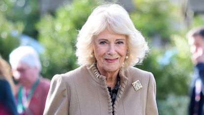 Queen Camilla smiles as she arrives for her visit to The Poppy Project on October 28, 2025
