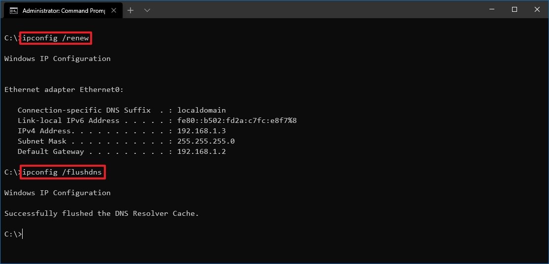ipconfig renew and flushdns commands