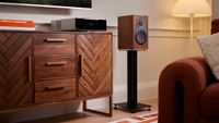 The Linn 119 speaker on a stand next to a wooden side cabinet in a lounge.