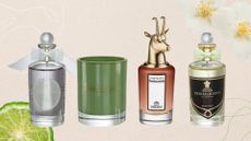 Collage of Penhaligon's scents and candle, on a beige background with jasmine flowers and bergamot 