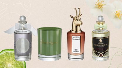 Collage of Penhaligon's scents and candle, on a beige background with jasmine flowers and bergamot 