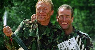 JEROME FLYNN AND ROBSON GREEN, ON RIGHT, CELEBRATING THEIR NO 1 HIT RECORD, UNCHAINED MELODY, TAKEN FROM THE ITV PROGRAMME SOLDIER SOLDIER.