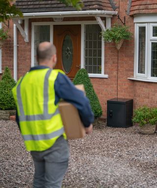 a man wearing a hi-vis vest carring a parcel to a front door with a security locker placed outside