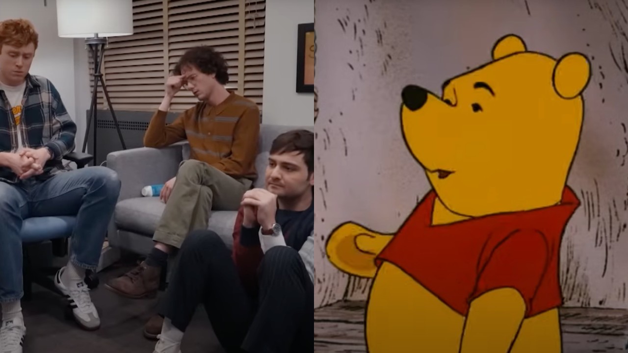 Side by side of Ben Marshall, Martin Herlihy and John Higgins looking sad in Please Don't Destroy's Gone Too Soon video and Winnie the Pooh looking confused in Stout and Round.