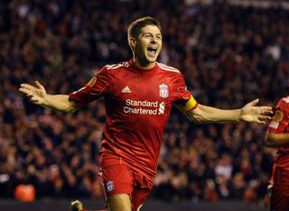 Steven Gerrard celebrates after scoring a hat-trick for Liverpool against Napoli in the Europa League in November 2010.