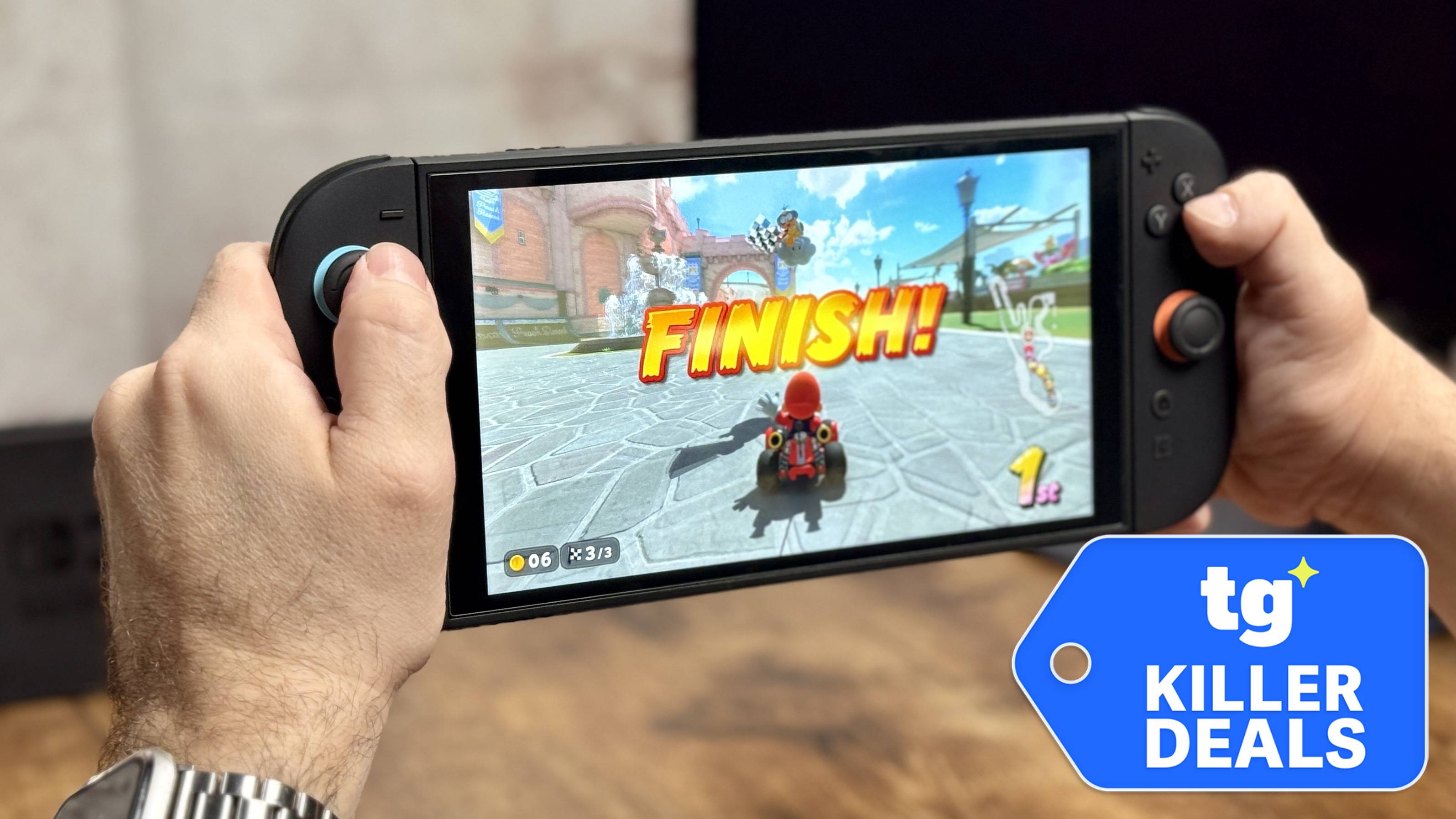 Nintendo Switch 2 in hand, playing Mario Kart World