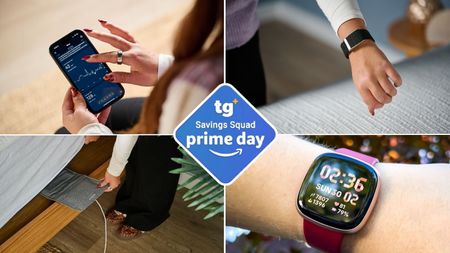 A collage of Tom's Guide sleep tech reviewer wearing sleep trackers including the Oura Ring 4 (top left), the Whoop MG (top right), placing the Withings Sleep Analyser under mattress (bottom left), the Fitbit Versa 4 on woman's wrist (bottom right). 