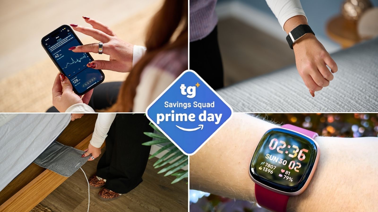 A collage of Tom's Guide sleep tech reviewer wearing sleep trackers including the Oura Ring 4 (top left), the Whoop MG (top right), placing the Withings Sleep Analyser under mattress (bottom left), the Fitbit Versa 4 on woman's wrist (bottom right).