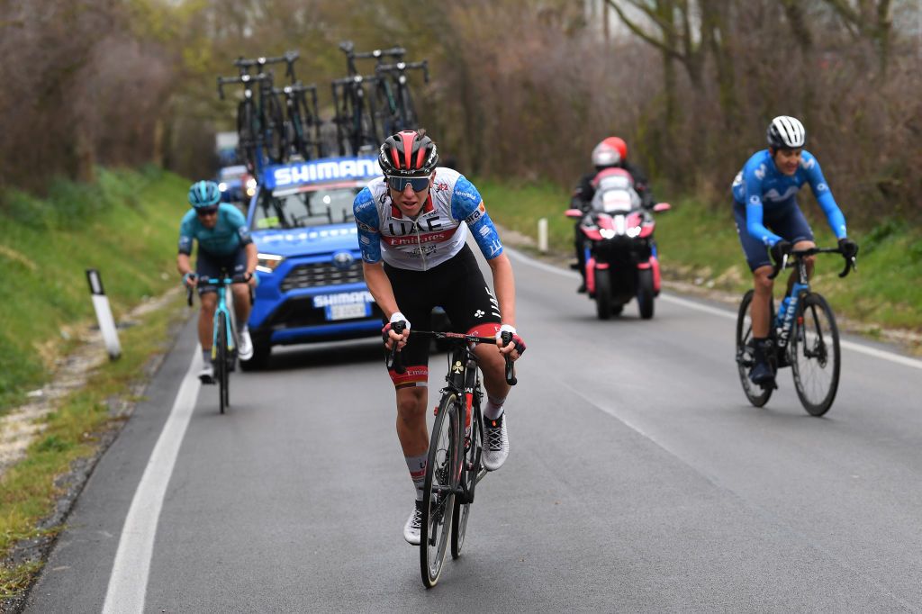 CASTELFIDARDO ITALY MARCH 14 Fabio Felline of Italy and Team Astana Premier Tech Tadej Pogacar of Slovenia and UAE Team Emirates Blue Leader Jersey Marc Soler Gimenez of Spain and Movistar Team during the 56th TirrenoAdriatico 2021 Stage 5 a 205km stage from Castellalto to Castelfidardo 175m TirrenoAdriatico on March 14 2021 in Castelfidardo Italy Photo by Tim de WaeleGetty Images