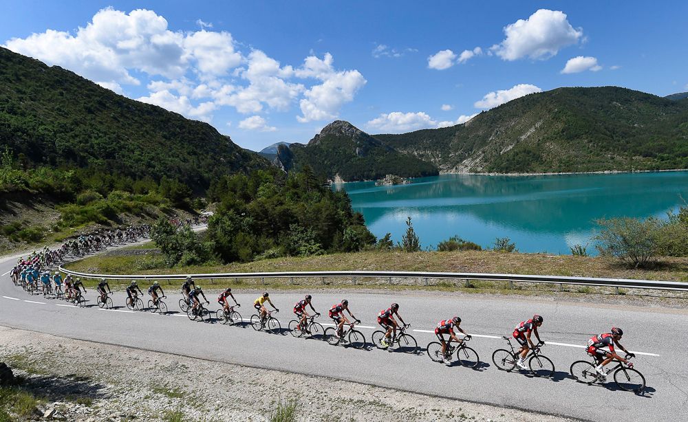The peloton rolls through the French countryside during stage 5.