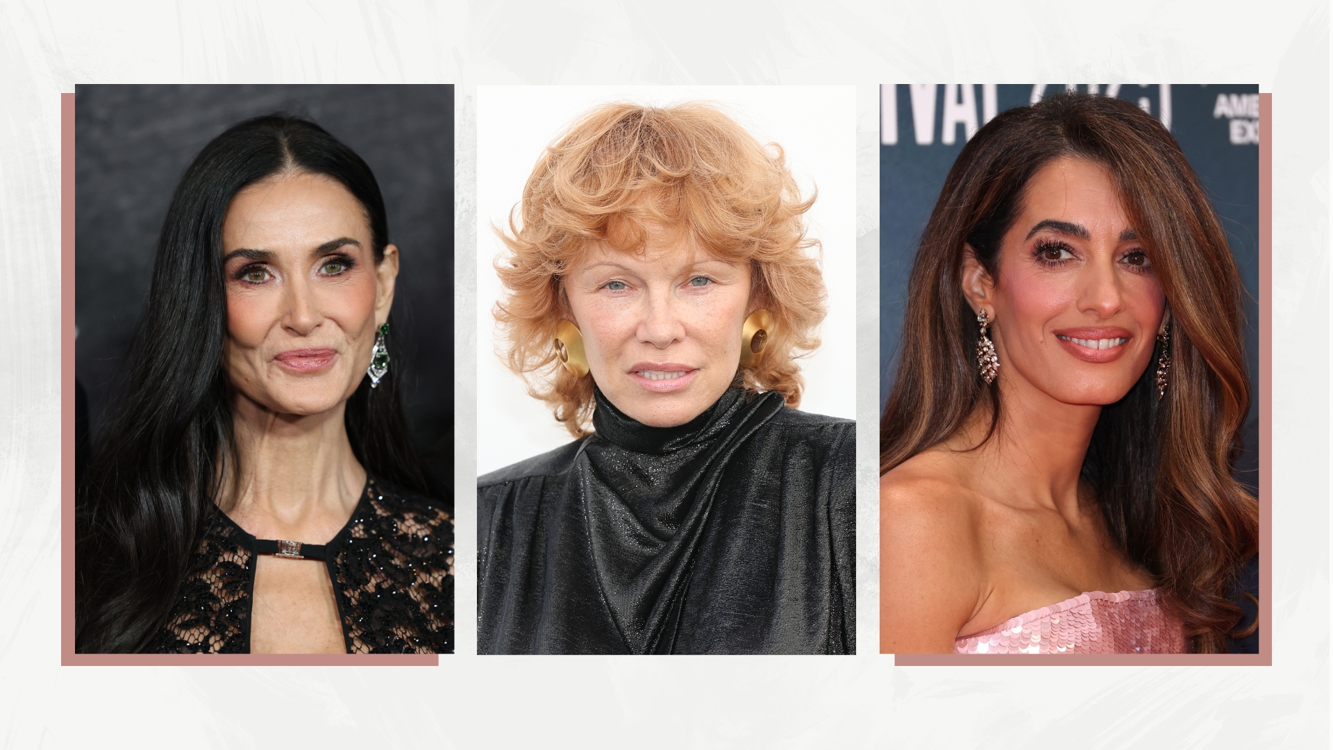 A roundup of celebrities with takes on the winter hair colour trends: on the right, is a picture of Demi Moore, seen with dark brunette hair at Paramount+&#039;s &quot;Landman&quot; Season 2 Premiere at Alice Tully Hall, Lincoln Center on November 11, 2025 in New York City. In the middle is a picture of Pamela Anderson with short, copper hair at the Mugler Womenswear Spring/Summer 2026 show as part of Paris Fashion Week on October 02, 2025 in Paris, France. And finally, on the left is a picture of Amal Clooney, who is seen with long, caramel-brown hair at the &quot;Jay Kelly&quot; Headline Gala at the 69th BFI London Film Festival at The Royal Festival Hall on October 10, 2025 in London, England/ all featured in a white and grey marble-effect template