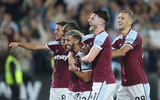 West Ham players celebrate a goal | Dinamo Zagreb v West Ham live stream