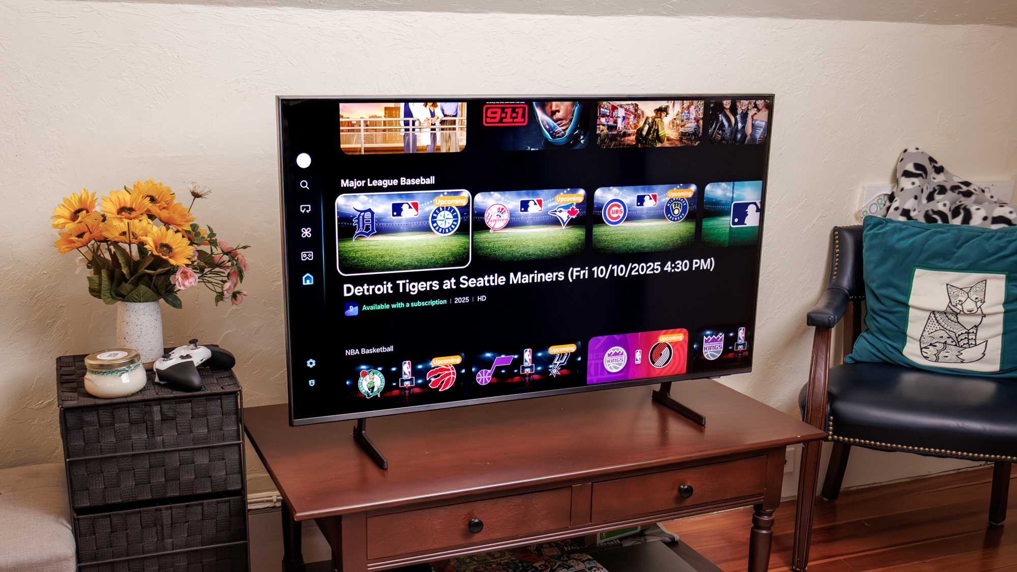 Samsung Q7F QLED TV on a side table