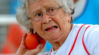 Canada's Olga Kotelko competes in the shot put competition during the World Masters Games in Sydney on October 11, 2009.