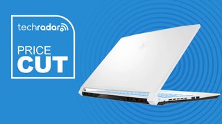 white gaming laptop against blue background