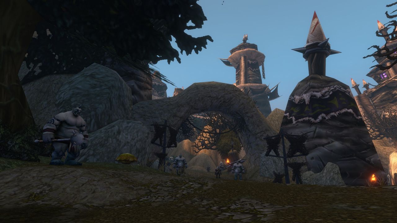 Enemies gather at the Krol Dok Stronghold dungeon in World of Warcraft: Forever, a mountainous camp
