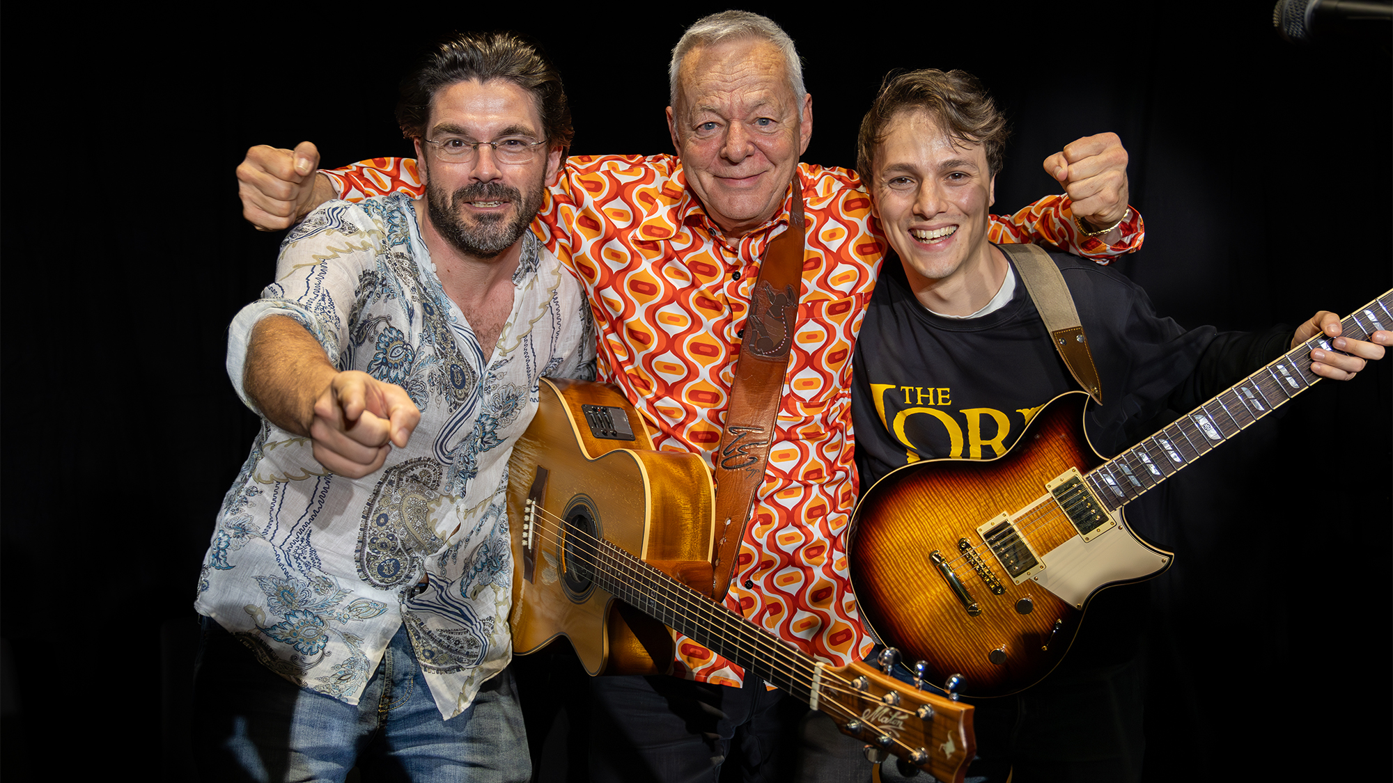Joscho Stephan, Tommy Emmanuel and Matteo Mancuso pose for a photograph on behalf of Dreamcatcher Events