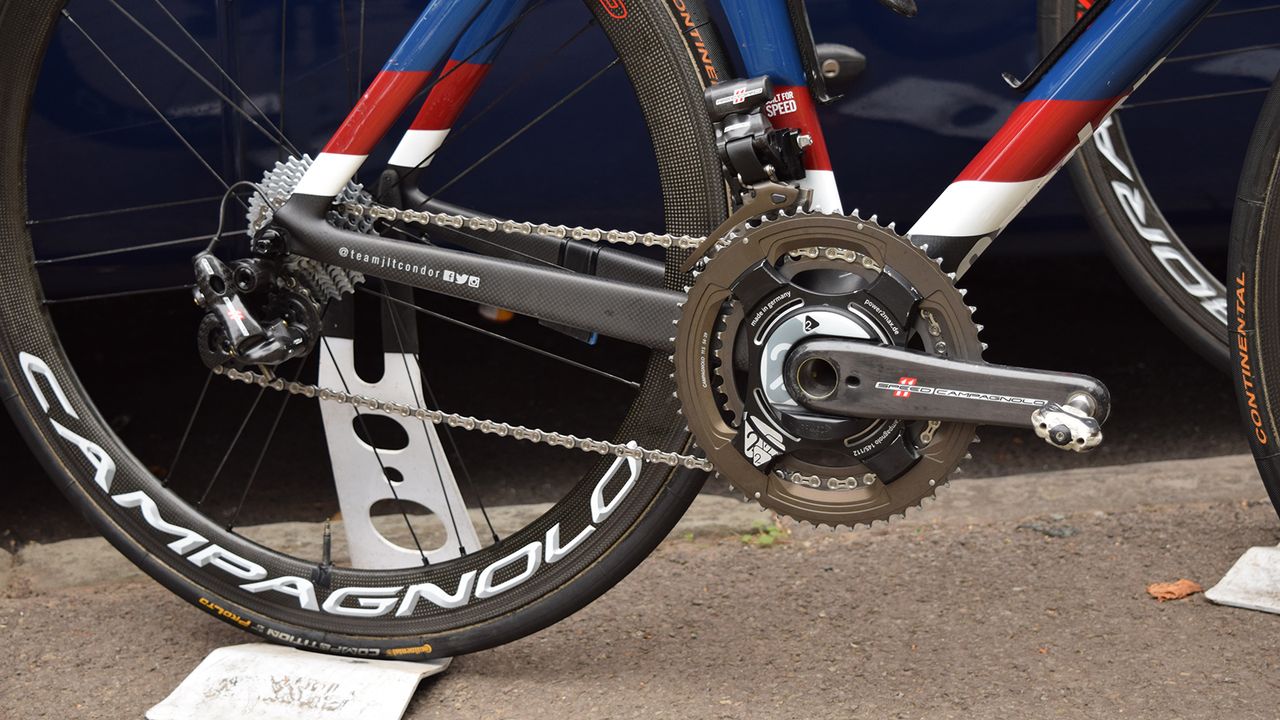 The JLT Condor team use Campagnolo Super Record EPS groupsets with Power2Max power meters and Speedplay pedals