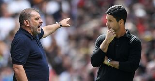 Tottenham Hotspur and Arsenal managers Ange Postecoglou and Mikel Arteta respectively, on the first day of the Premier League season