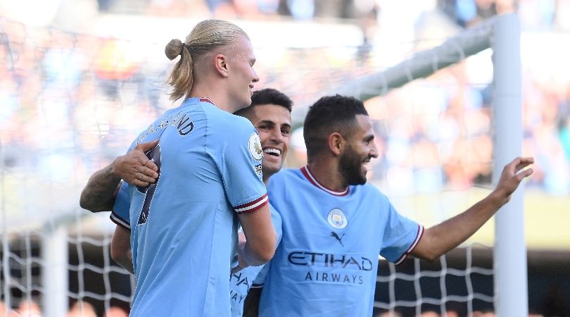 Erling Haaland celebrates after scoring Manchester City&#039;s fourth goal against Southampton.