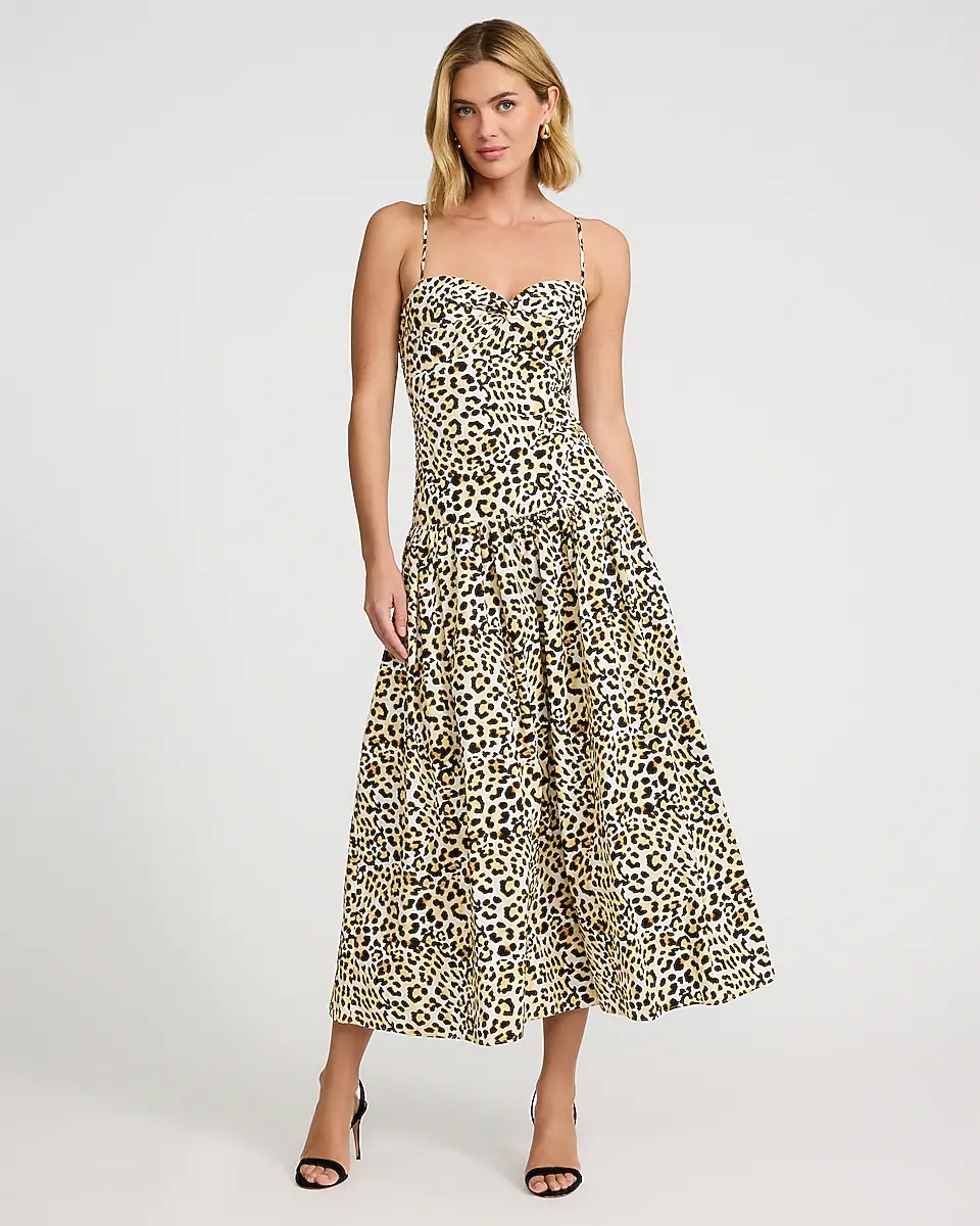express, Leopard Poplin Sweetheart Drop Waist Smocked Back Maxi Dress with Pockets