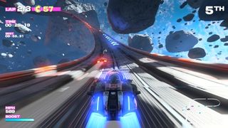 Nintendo Switch 2 review; a sci-fi car races on a neon lit track