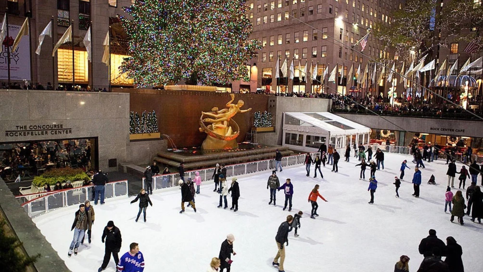 Rockefeller Center Christmas Tree and Skating Rink at dusk.