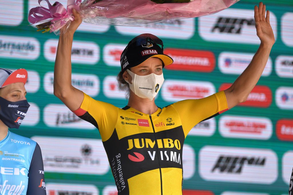OVADA ITALY JULY 04 Marianne Vos of Netherlands and Jumbo Visma Team stage winner celebrates at podium during the 32nd Giro dItalia Internazionale Femminile 2021 Stage 3 a 135km stage from Casale Monferrato to Ovada GiroDonne UCIWWT on July 04 2021 in Ovada Italy Photo by Luc ClaessenGetty Images