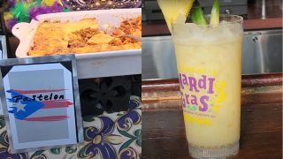 Pastelón and Pina Colada side by side at Universal Mardi Gras 2024.