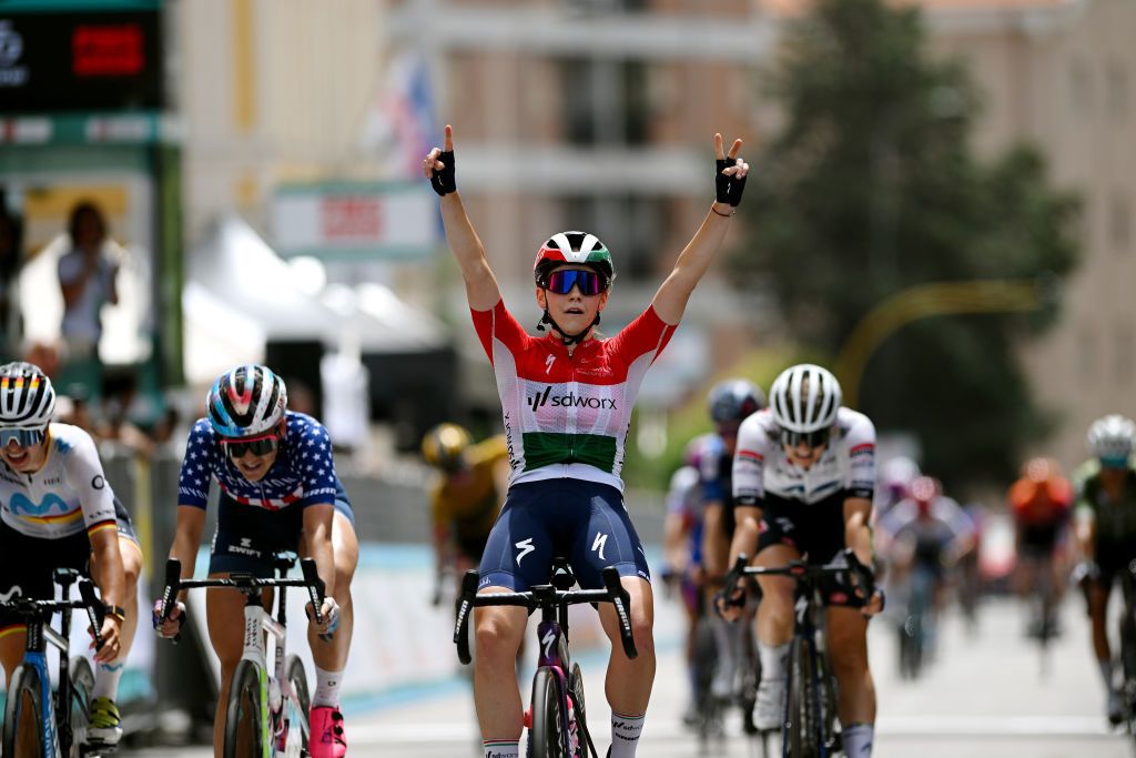 SASSARI ITALY JULY 08 Blanka Vas of Hungary and Team SD Worx celebrates at finish line as stage winner during the 34th Giro dItalia Donne 2023 Stage 8 a 1257km stage from Nuoro to Sassari UCIWWT on July 08 2023 in Sassari Italy Photo by Dario BelingheriGetty Images