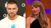 Travis Kelce speaks at a Kansas City Chiefs press conference, and Taylor Swift is shown as a guest on The Graham Norton Show.