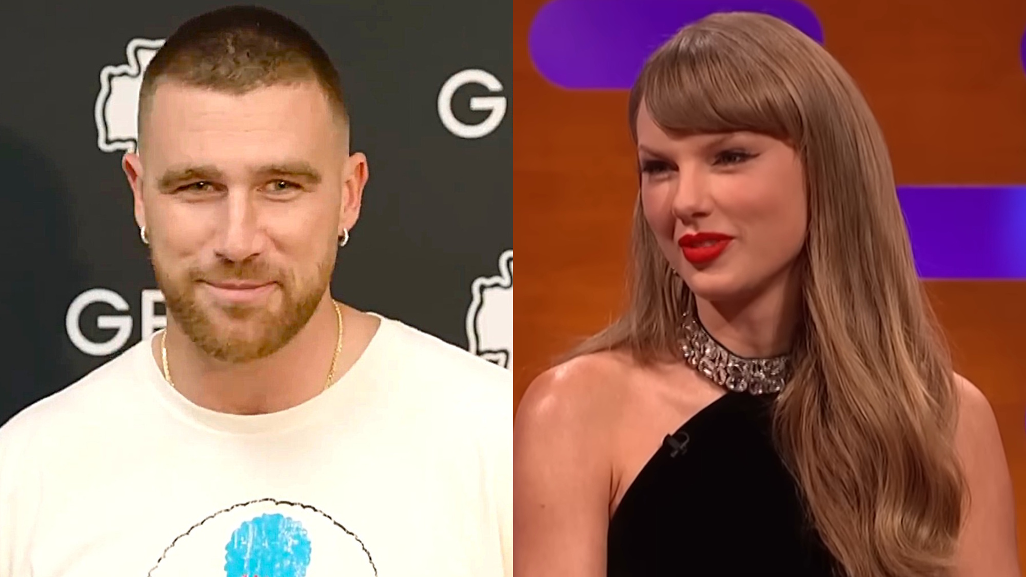 Travis Kelce speaks at a Kansas City Chiefs press conference, and Taylor Swift is shown as a guest on The Graham Norton Show.