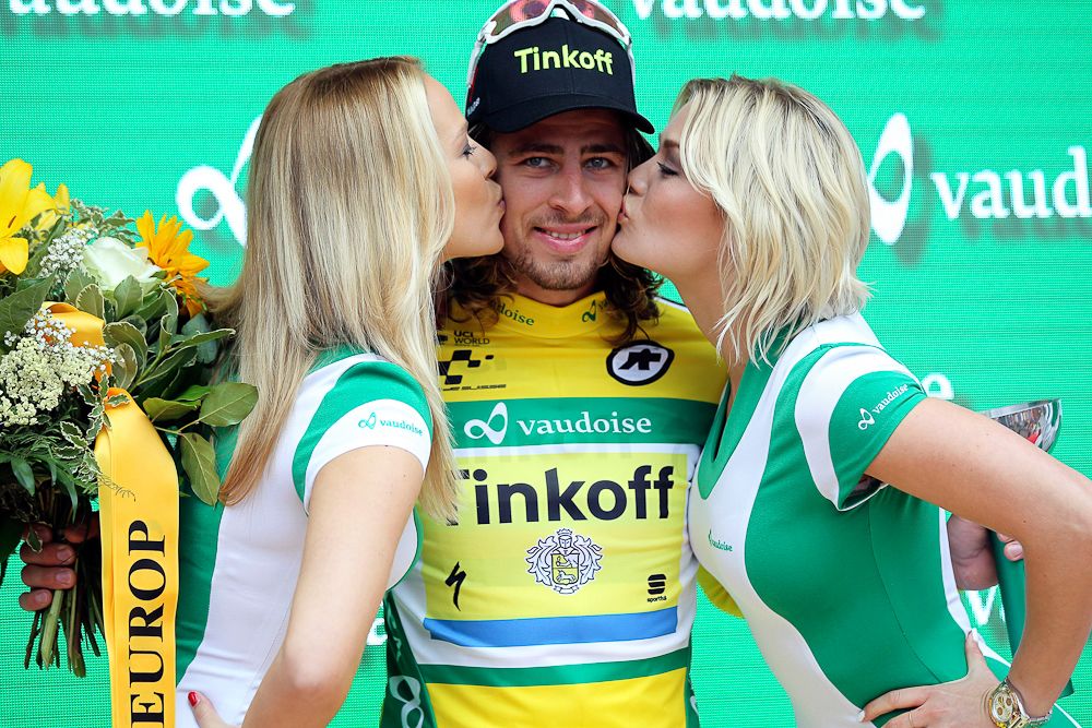 Peter Sagan on the podium after winning Tour de Suisse stage 3 and taking over the race lead.