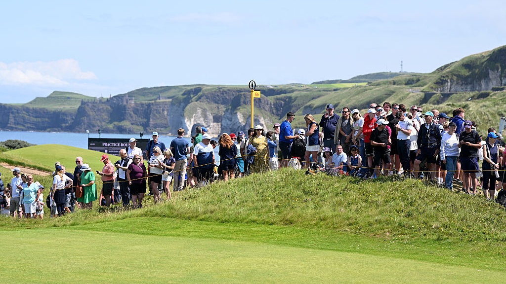 Fans look on during a practice round prior to The 153rd Open Championship at Royal Portrush Golf Club on July 16, 2025 in Portrush, Northern Ireland. 