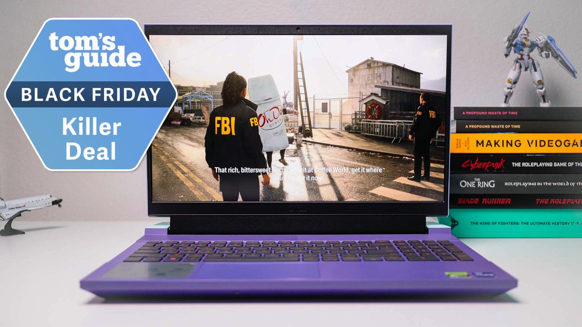 Dell G15 with deal tag superimposed