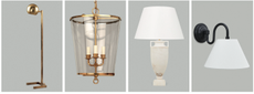 Four of Vaughan Designs' favourites: Left to right: The Savona brass floor lamp (£1,215); Zurich brass and glass lantern (£2,125); Etruscan Urn alabaster table lamp (£910) and Downham bathroom wall light (£495).