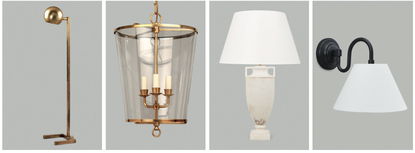 Four of Vaughan Designs' favourites: Left to right: The Savona brass floor lamp (£1,215); Zurich brass and glass lantern (£2,125); Etruscan Urn alabaster table lamp (£910) and Downham bathroom wall light (£495).