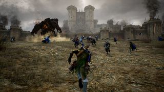 An archer runs towards a battle amongst a besieged castle