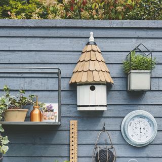 Blue garden fence with metal shelves, bird house, plants and barometer