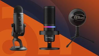 Best microphones for streaming guide featuring Blue Yeti, Blue Snowball, and HyperX Duocast mics on an orange background