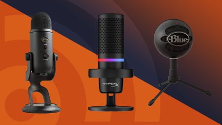 Best microphones for streaming guide featuring Blue Yeti, Blue Snowball, and HyperX Duocast mics on an orange background