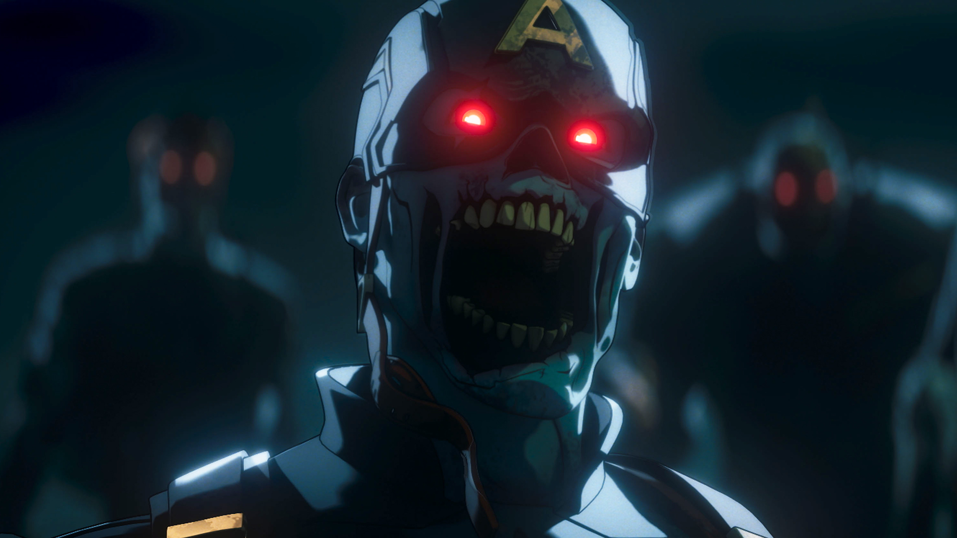 A zombified Captain America screams as its eyes glow red in Marvel Zombies