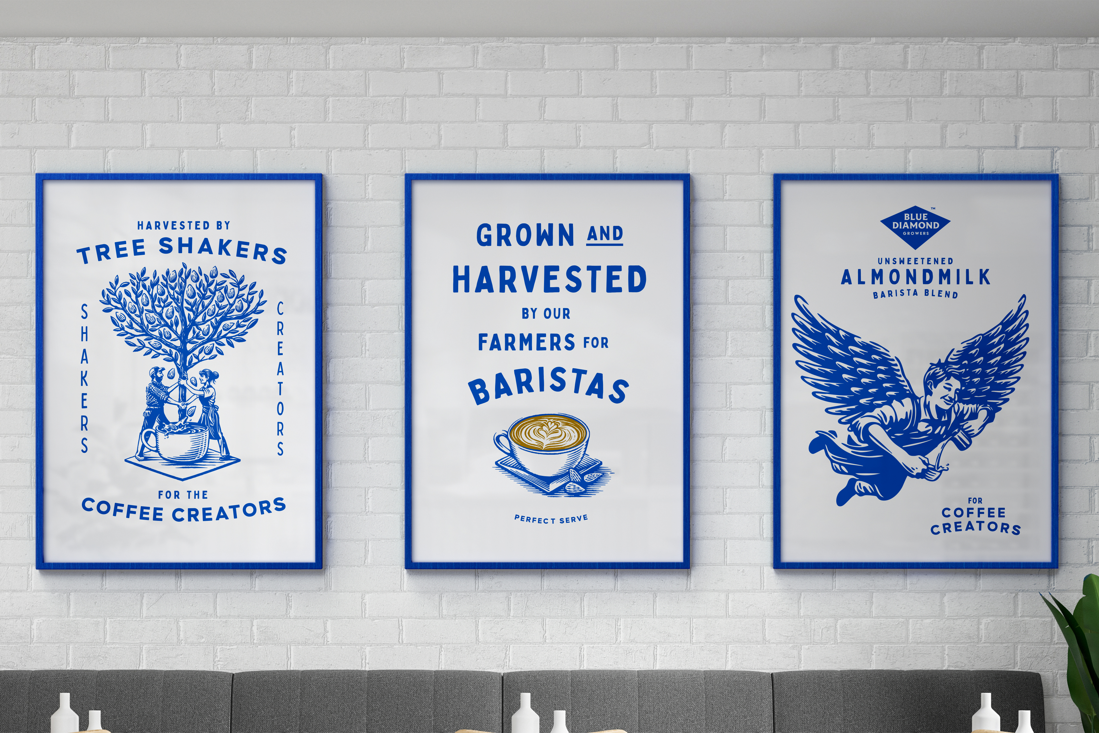 three posters showing coffee counter culture branding in situ, with illustrations in blue