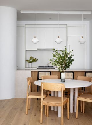 A dining table in the middle of a kitchen with plants scattered around